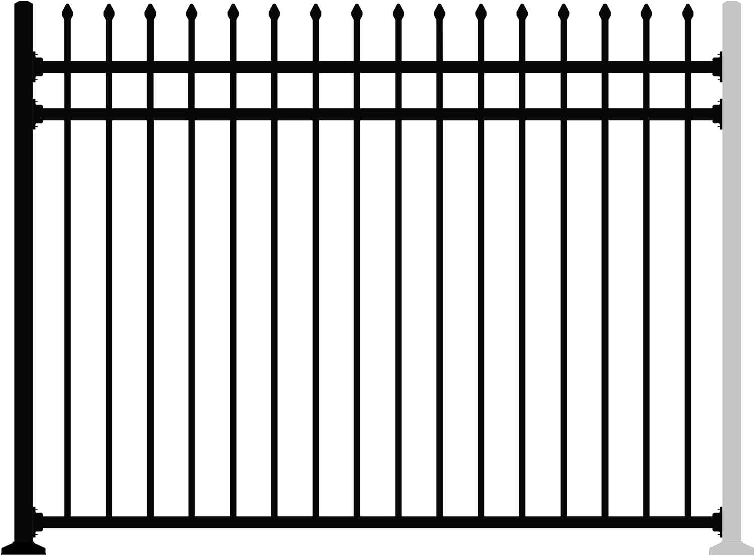 XCEL Black Steel Anti-Rust Fence Panel - Sharp End Pickets - 6.5ft W x 5ft H - Easy Installation - for Residential, Outdoor, Yard, Garden, Swimming Pool, on Concrete or Soil, 3-Rail, One Post included