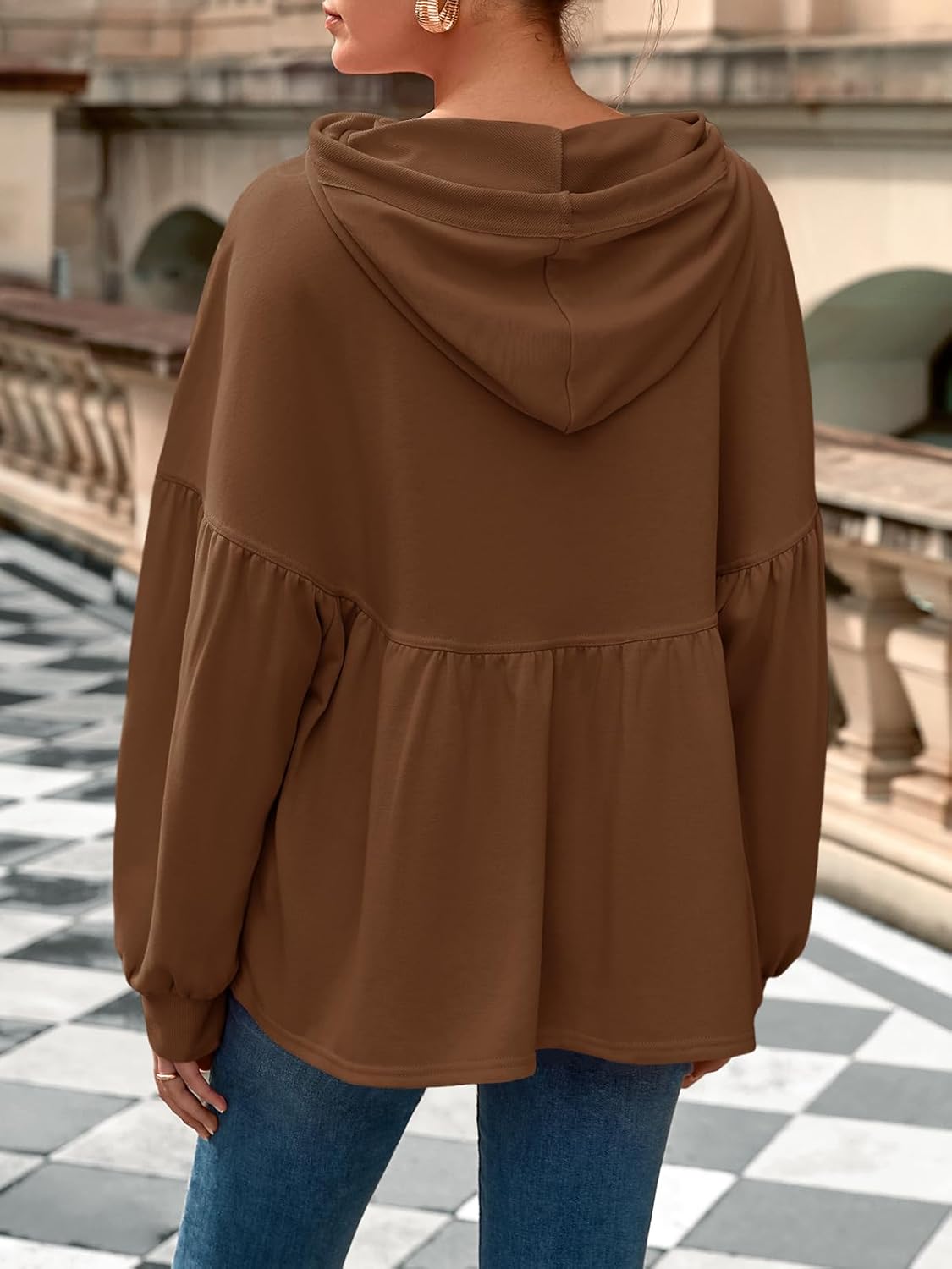 Fisoew Womens Oversized Hoodies Sweatshirts Casual Lantern Long Sleeve Drawstring Peplum Hem Loose Hooded Pullover Tops - Image 6