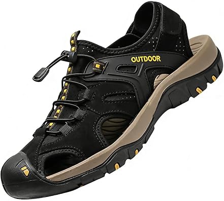 MGGMOKAY Mens Outdoor Sandals Sports Hiking Closed Toe Leather Athletic Sandals for Water Beach Boat Fishing.