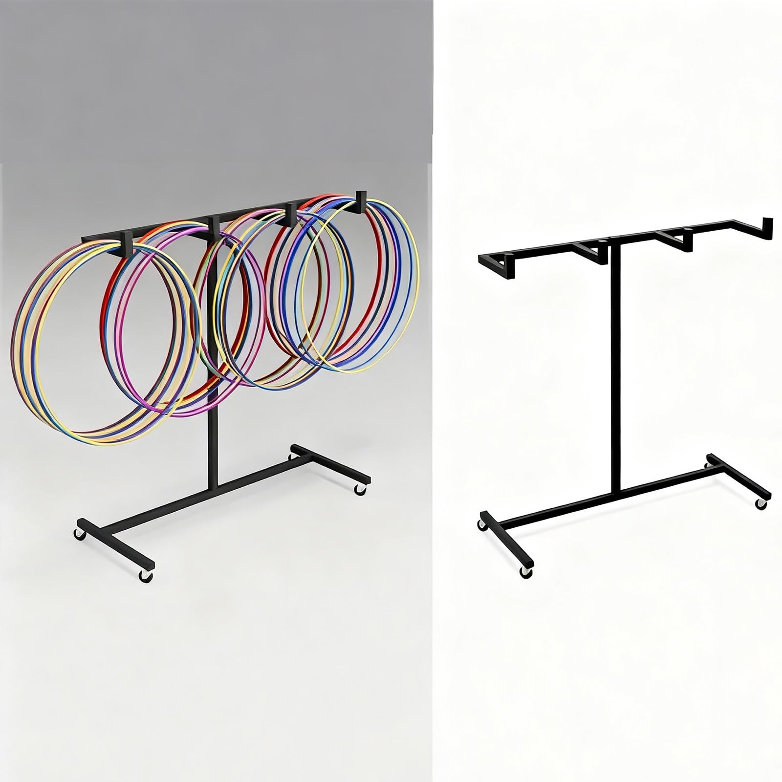 Supporto per Hula Hoop Carrello portaoggetti a 4 ruote per hula hoop, scaffale metallico capiente per corde per saltare, espositore per attrezzature fitness