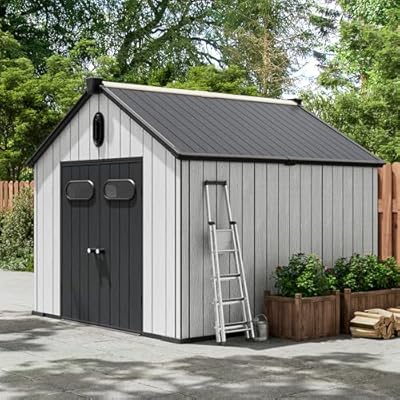 Amopatio Outdoor Storage Shed,8x10 Resin Shed with Floor Included, Outside Sheds Storage Waterproof for Bike, Tools, Garden, Backyard