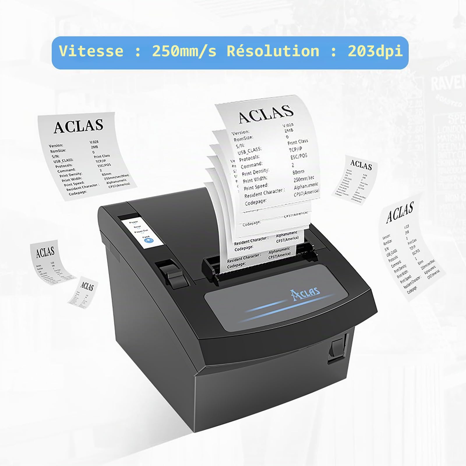 ACLAS Imprimante Thermique de Reçu de réception Thermique POS avec Port USB Ethernet 250 mm/s ESC/POS pour Windows PC Restaurant