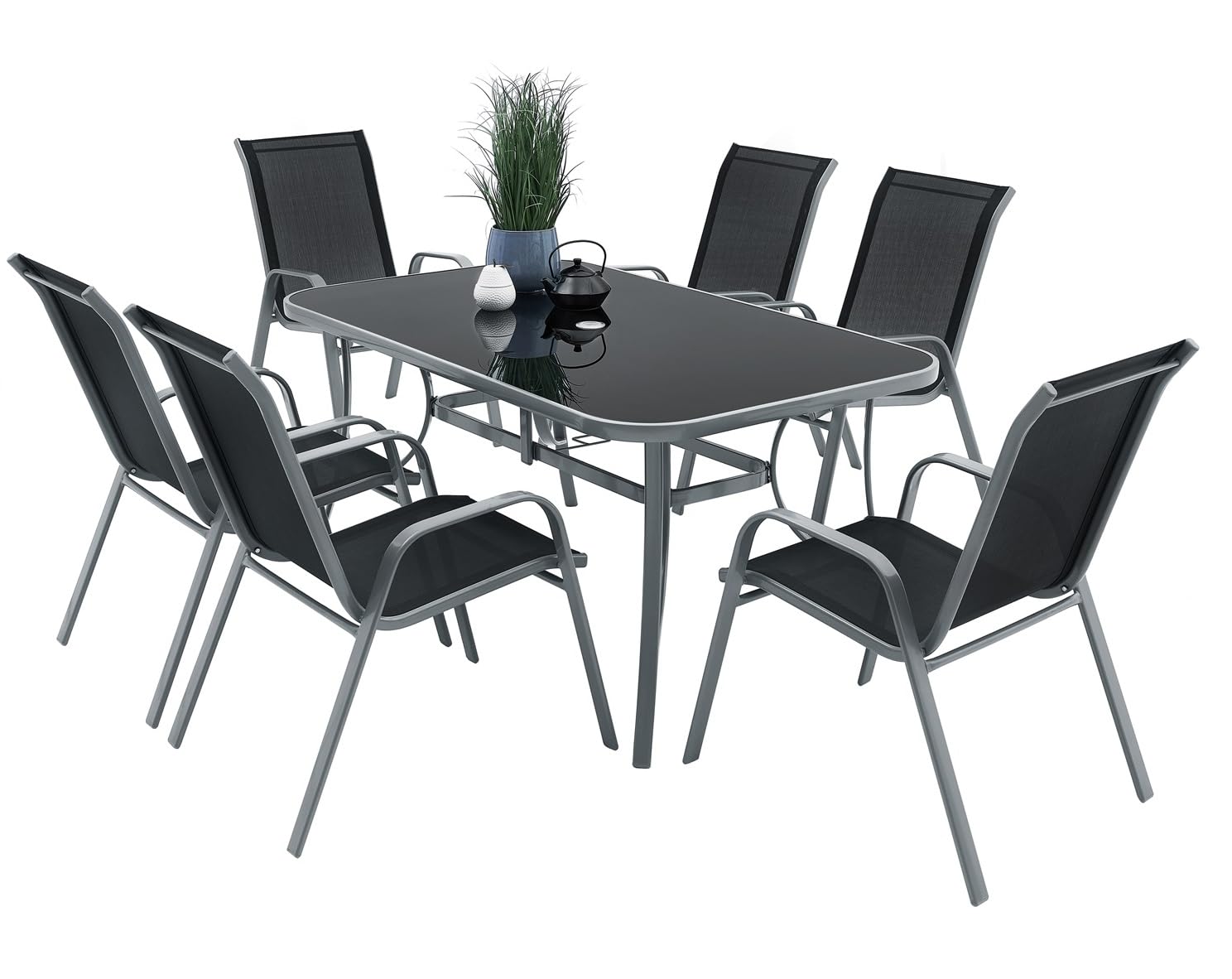 Gartentisch Glas Aluminium Grau Schwarz 150 x 90 cm mit Sicherheitsglas wetterfest Stabiler Esstisch für Garten Terrasse Balkon Wohnzimmer