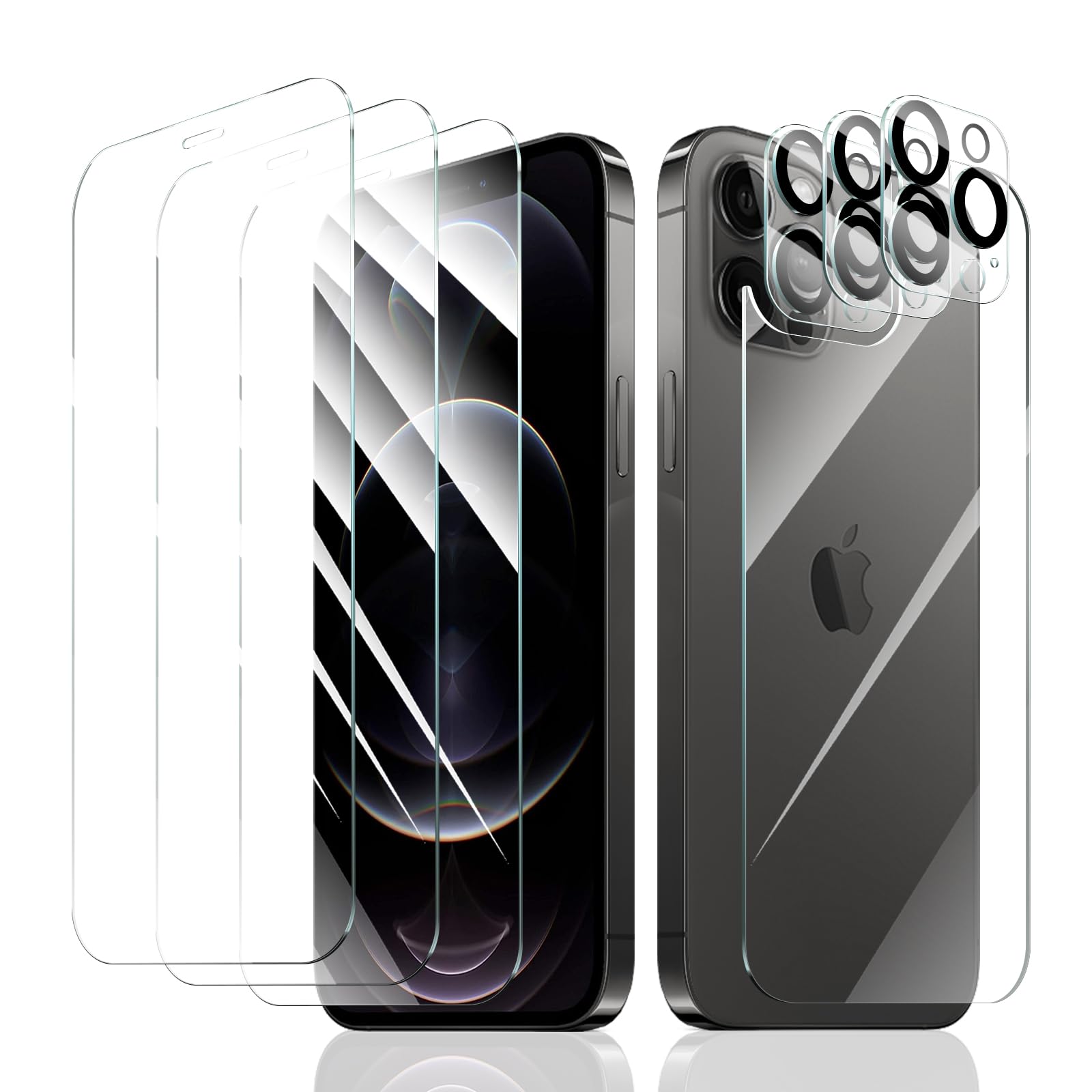 Fynorao 3+3+1-Pack, Screen Protector and Camera Lens Protector for iPhone 12 Pro with Back Tempered Glass Film, Impact-Protection, HD, Anti-Scratch,