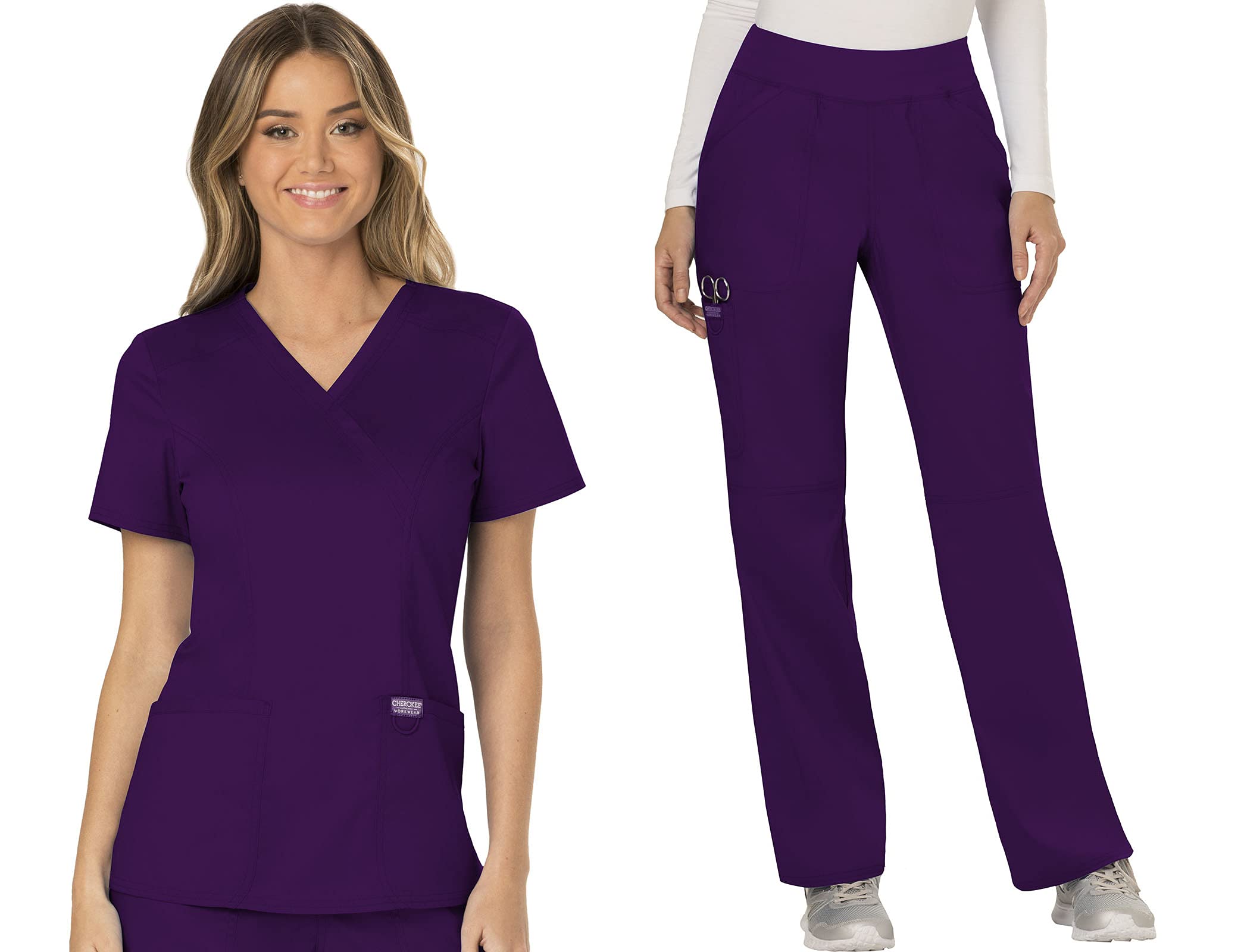 Cherokee Conjunto de uniforme médico para mujer, ajuste clásico moderno WW610 con pantalón de pierna recta y tiro medio, WW110, berenjena - L Top/L Petite
