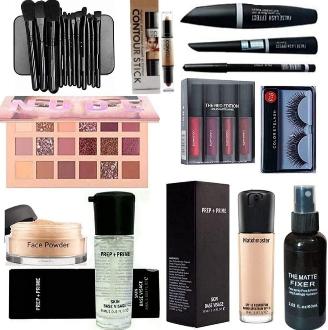 SHISHI HD Waterproof Makeup Kit Combo For Women & Girls (Set of 15) Eyeshadow Pallet, Makeup Brush set of 12, Kajal, 3in1, Eyelashes, Red edition, Foundation, Primer, Loose Powder, Makeup Fixer