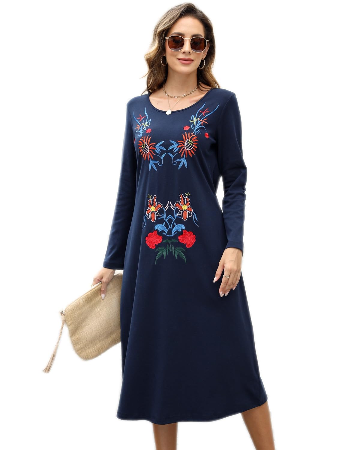 AKWomen's Long Sleeve Embroidered Dresses A-line and Flare Midi Long Sleeve Fall Dress Loose Swing Casual Dresses