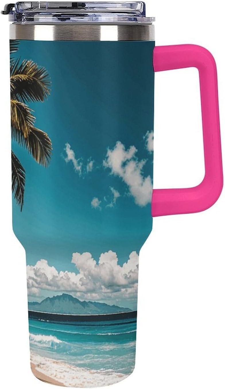 40 Oz Tumbler With Lid And Handle Palm Tree Hawaii Beach Stainless Steel Large Capacity Car Cup Leak Proof Insulated Water Bottle Light Rose Red-style For Road Trips, Commuting,Camping,Gym
