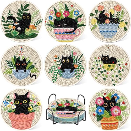 8 Pcs Cat Diamond Art Coasters Kit with Holder Cat Diamond Painting Coasters Complete Kit Gem Art Coaster for Women Teens and Beginners Relaxing DIY Craft Gift