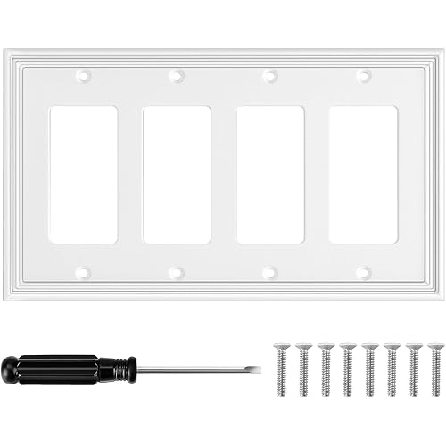 White Modern Decorative Wall Plate Light Switch Cover Decorator Outlet Covers Rocker Switch Plates Bamboo Fiber Material Wall Plates for Kitchen Bathroom (4 Gang Quad Decorator-1 Pack)