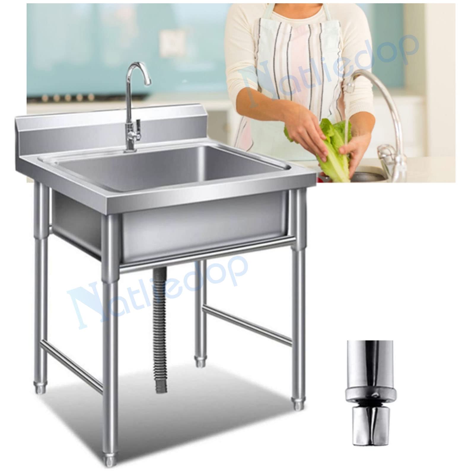 ZQFHSX Commercial Sink Single Bowl Freestanding 304 Stainless Steel Kitchen Sinks, Square Catering with Faucet, Dishwashing for Outdoor