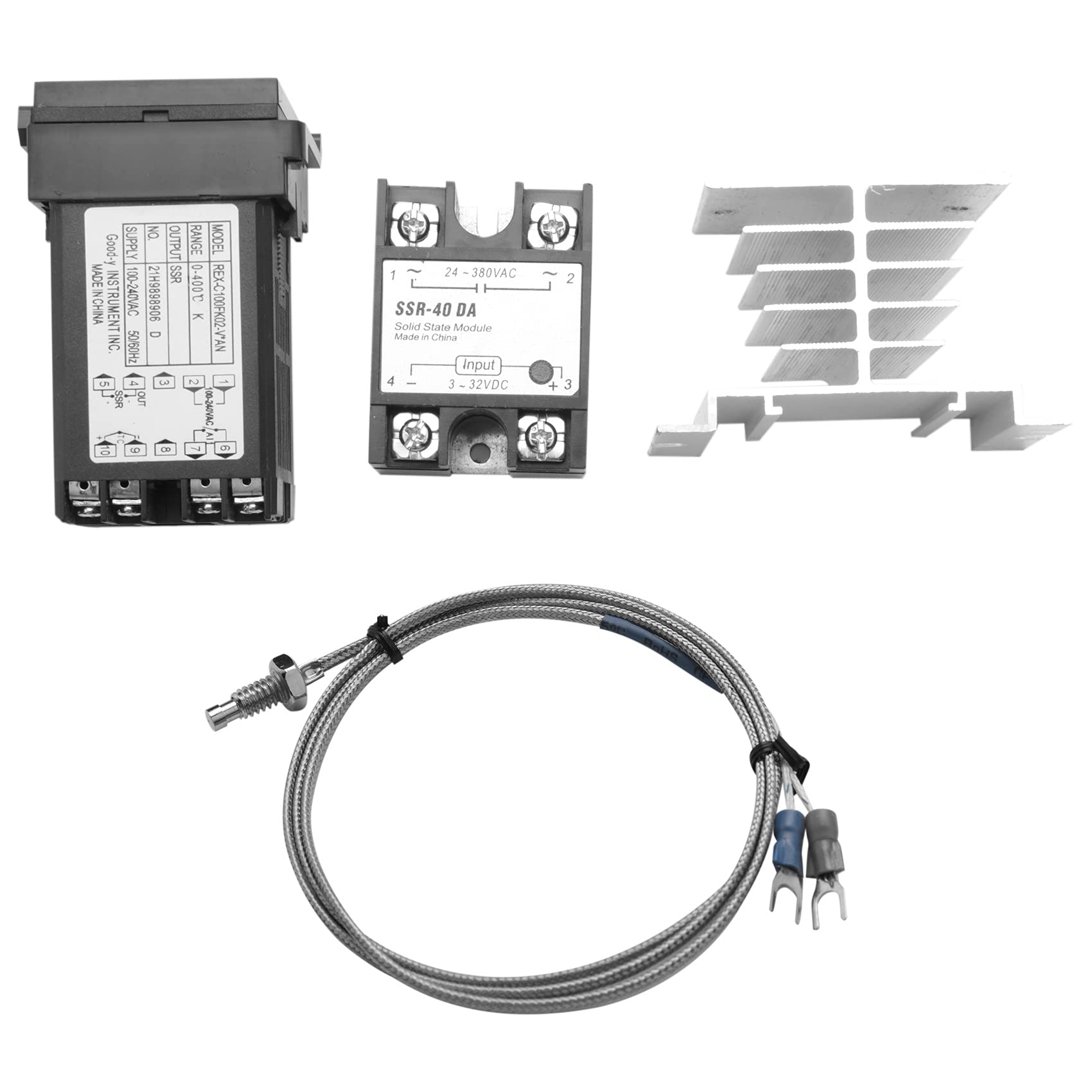 HEAYEE Digital 220V PID REX-C100 Temperature Controller + max.40A SSR + K Thermocouple, PID Controller Set + Heat Sink