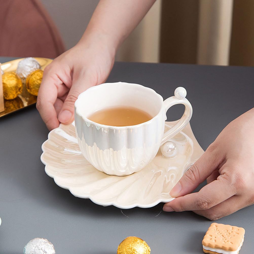 DOITOOL Kaffeebecher Mit Untertasse Aus Keramik Weiße Perlmutt Tasse Für Kaffee Und Tee 4 Zoll Espressotasse Mit Stabilem Design Für Haushalt Und Büro