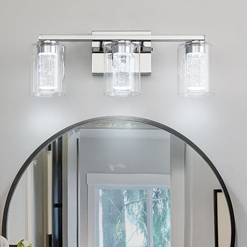 EMONG Lámparas de baño cromadas de 3 luces, luces LED regulables de 5 CCT con vidrio transparente, luces de baño de burbujas de cristal ajustables