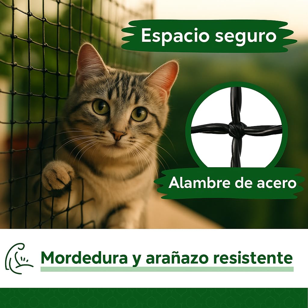 Red para Gatos Terraza Reforzada con Acero 8 x 3 m. con o SIN Taladro. Kit de Instalación Incluido Red para Gatos Ventanas y Balcones
