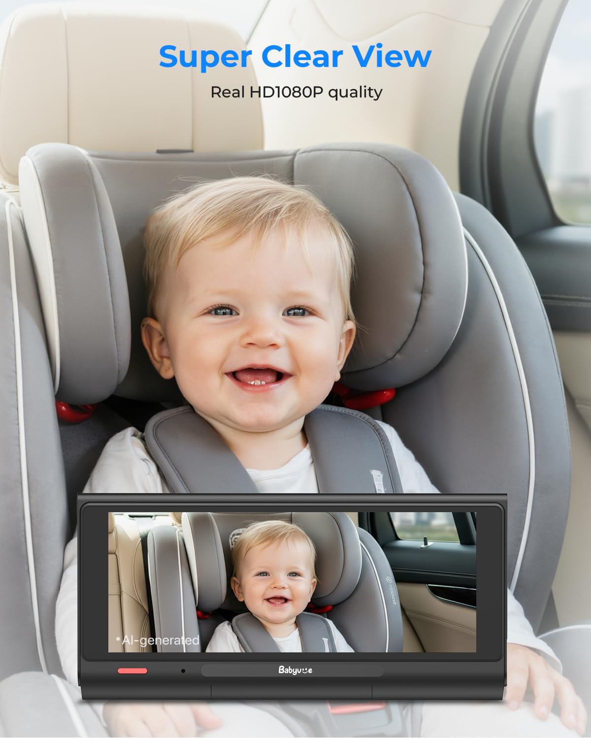 Babyvue BV7 Kamera samochodowa dla dzieci, 18,2 cm, z dzielonym wyświetlaczem Carplay i nagrywaniem w nocy, IR 1080p, składany uchwyt, tryb uśpienia, łatwy montaż i