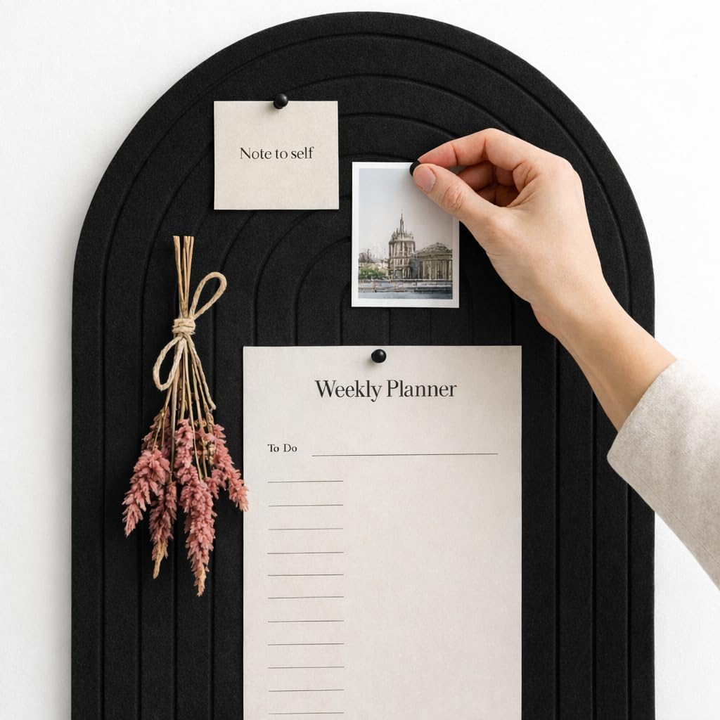 Orelle Rainbow Arch Felt Bulletin Board | Foldable Peel and Stick Felt Board for Wall | Aesthetic Arch Pin Boards for Walls, Office, Vision Board, Kids Art Display | 23 x 31”| Black