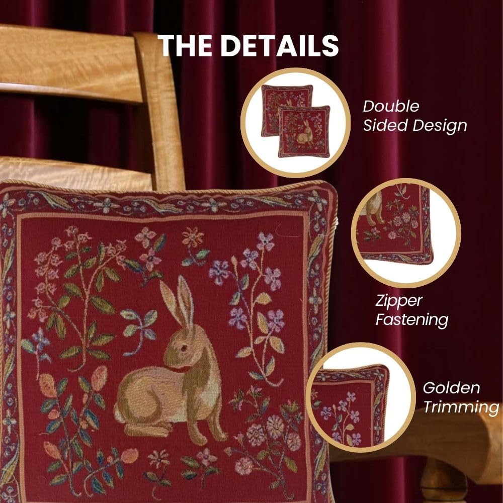 Signare Tapestry Rabbit Dark Red Pillowcase Double Sided Square Cushion Cover (CCOV-Art-LU-RABBITDRD)