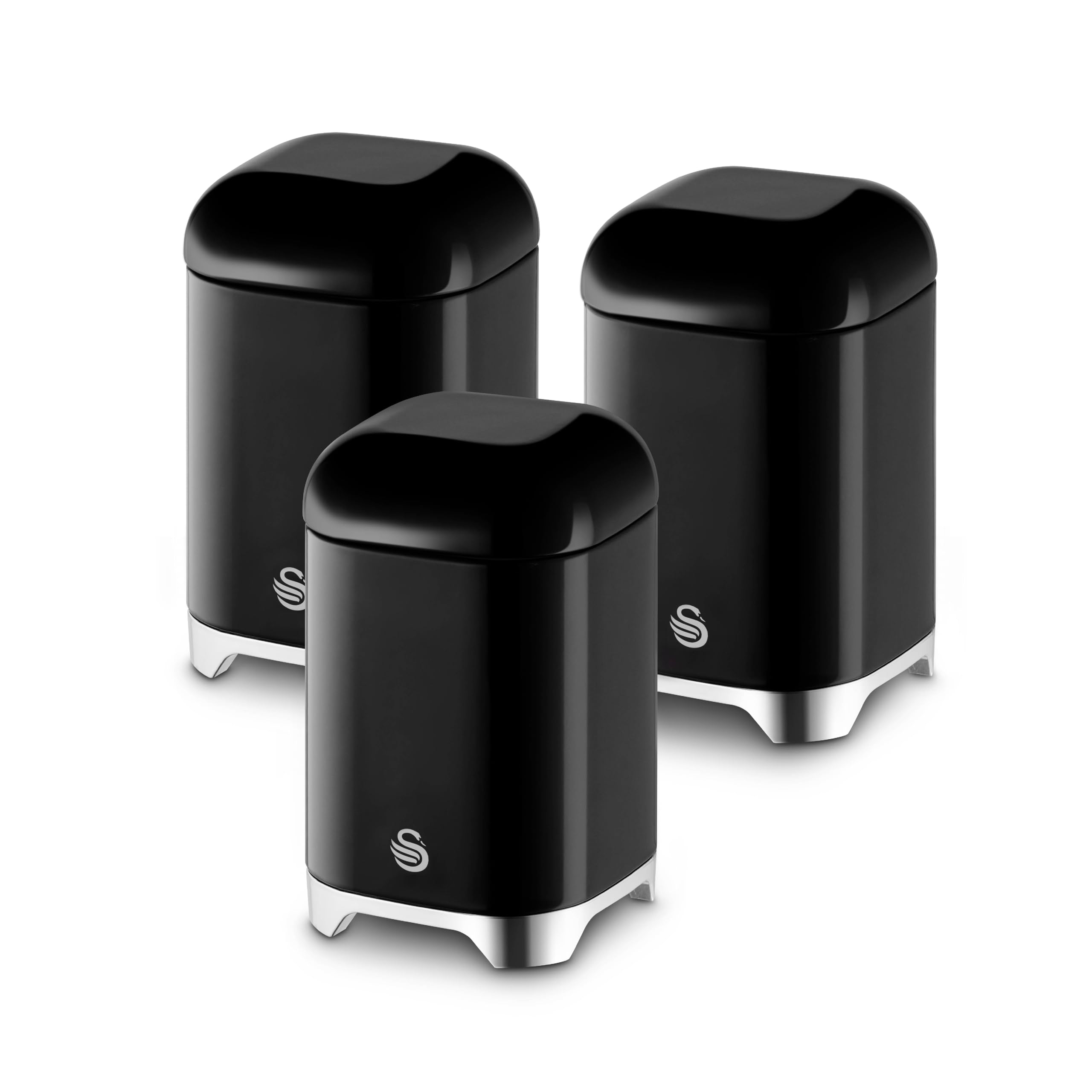 Swan Solace Set of 3 Canisters for Tea, Coffee and Sugar, Durable Iron Body Wipes Clean and Resists Scuffs, Each Canister is 1.5L, Black, SWKA18541BLK