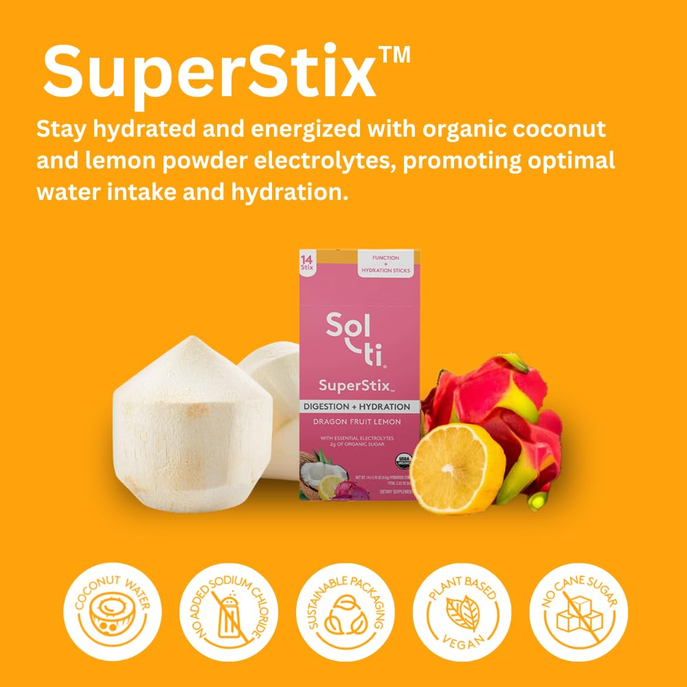 Sol-ti Organic Electrolyte Digestion + Hydration Powder Drink Mix, Superfood Hydration Powder Sticks, SuperStix, Non-GMO, Vegan, Dragon Fruit Lemon, 14 Sticks