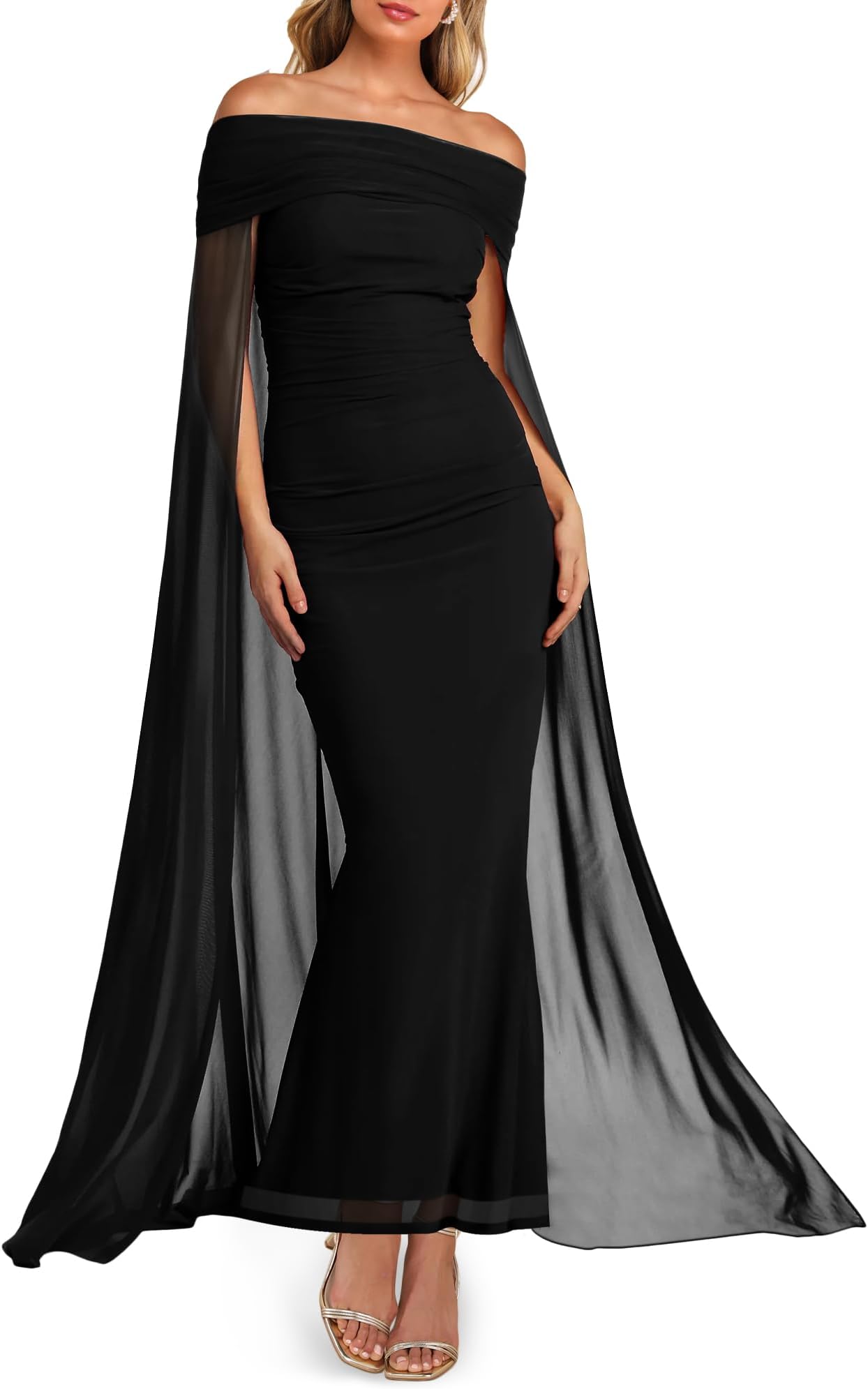 Elegant Off The Shoulder Dress Womens Formal Wedding Guest Cape Overlay Long Flowy Evening Party Dresses