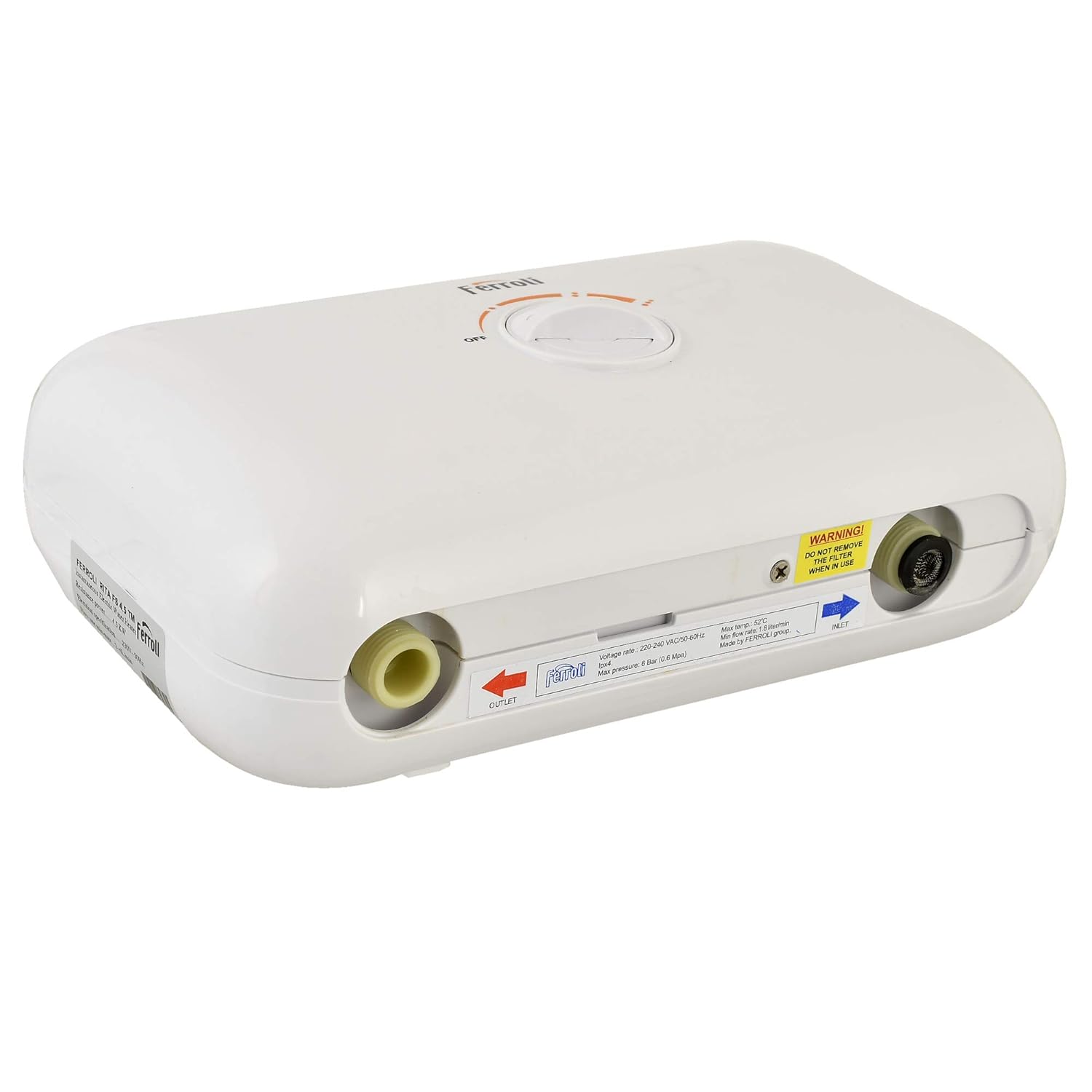 Spodaj view of Ferroli RITA-FS 4.5TM water heater showing water inlet and outlet connections.