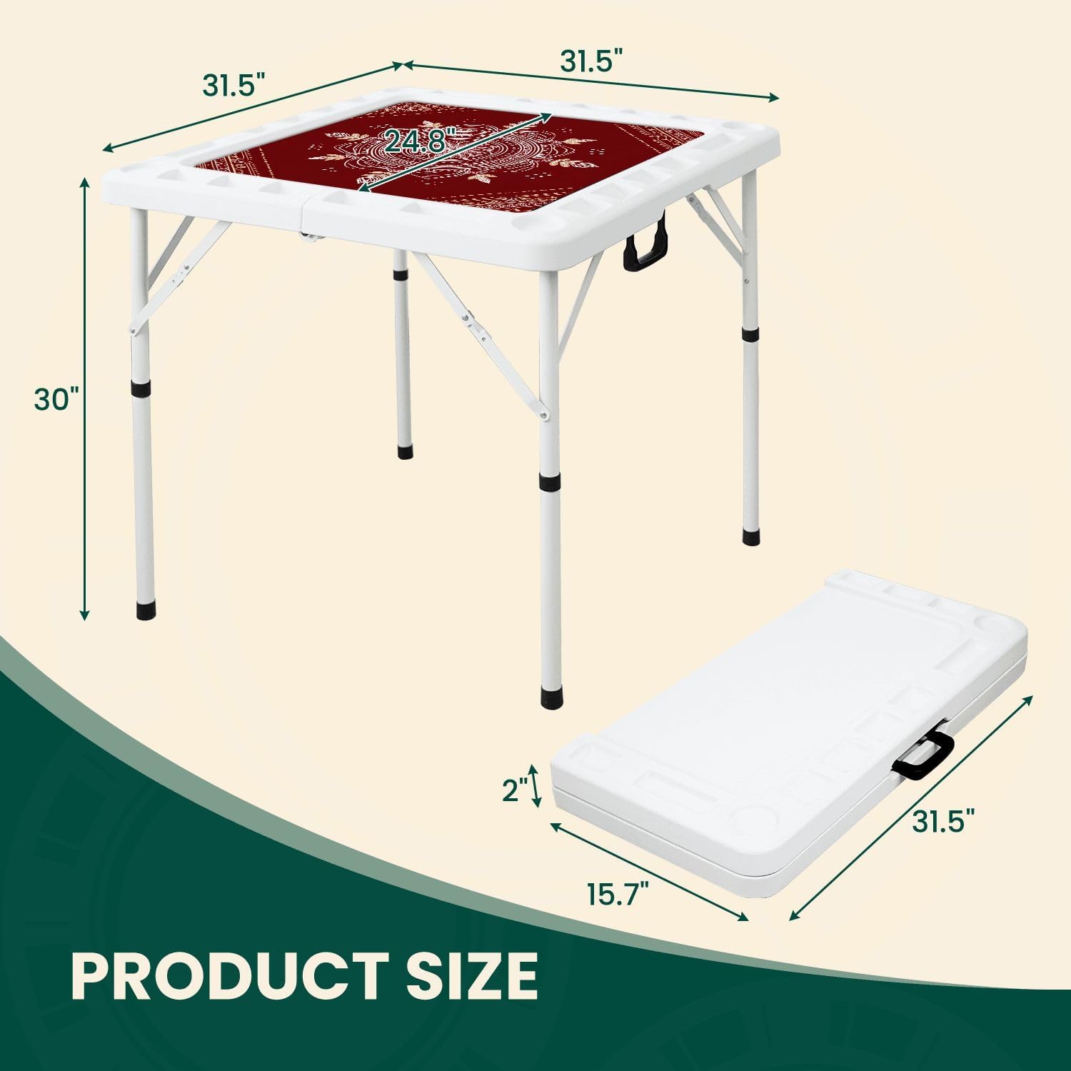 Folding Mahjong Table with Ornate Mandala Floral Medallion Gold Line Art Deep Red Wear-Resistant Mahjong Mat, 4 Cup Holders & Chip Trays for 4 Players Square Portable Card Table for Poker Domino
