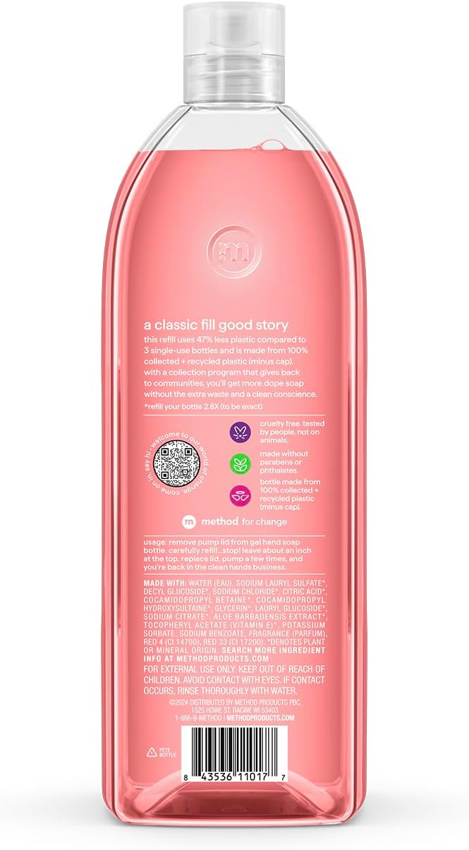 Method Gel Hand Soap, Refill, Pink Grapefruit, 34 Ounce, 1 pack (Packaging May Vary)