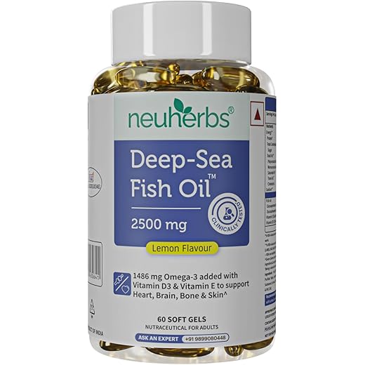 Neuherbs Deep Sea Omega 3 Fish Oil - Omega 3 Supplement Triple Strength 2500 Mg (Essential Fatty Acid Combination of 1486 mg 892 mg EPA 594 mg DHA/serving), Lemon Flavour- 60 Softgel for Men & women