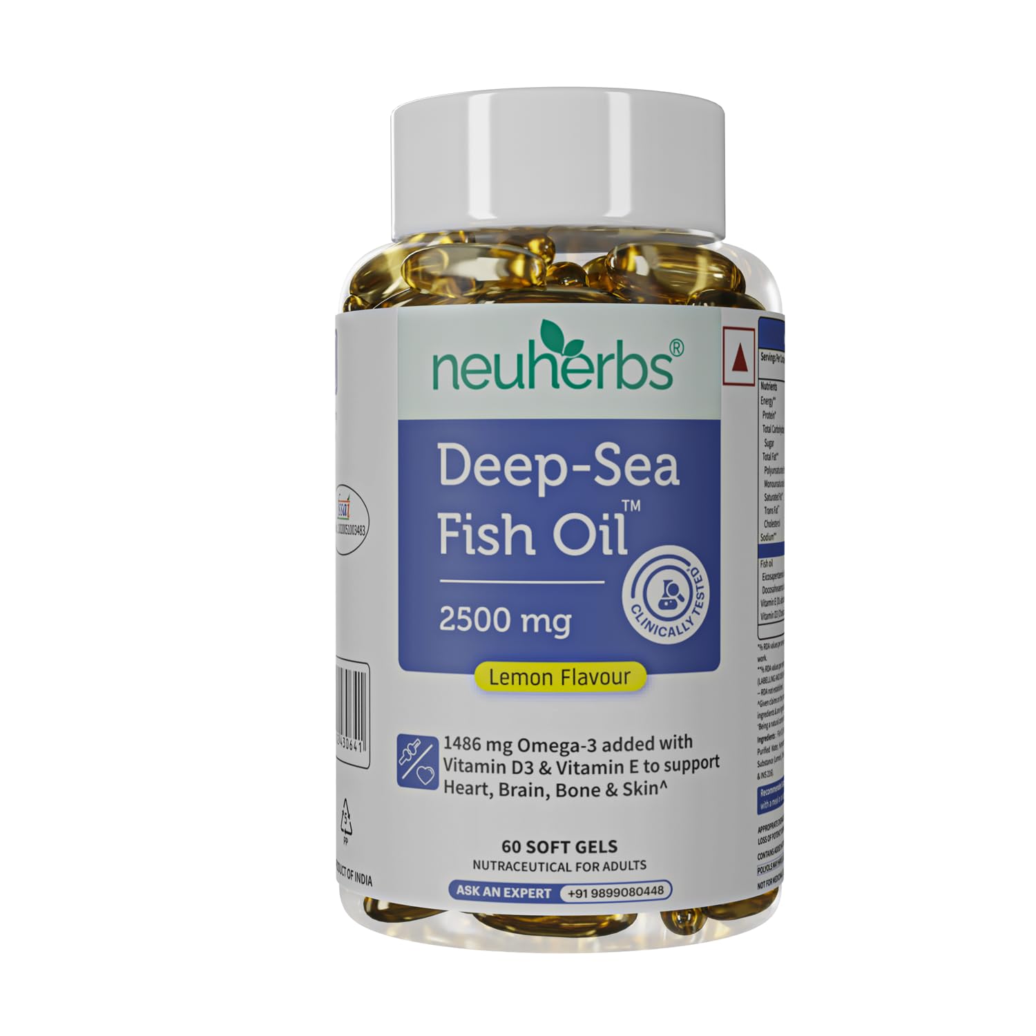 Deep Sea Fish Oil (60 Softgels) Omega 3 Supplement Triple Strength 2500 Mg for Muscle, Joints, Heart & Cognitive Support | No Fishy Burps with Lemon Flavour for Men & Women | (Pack of 1)