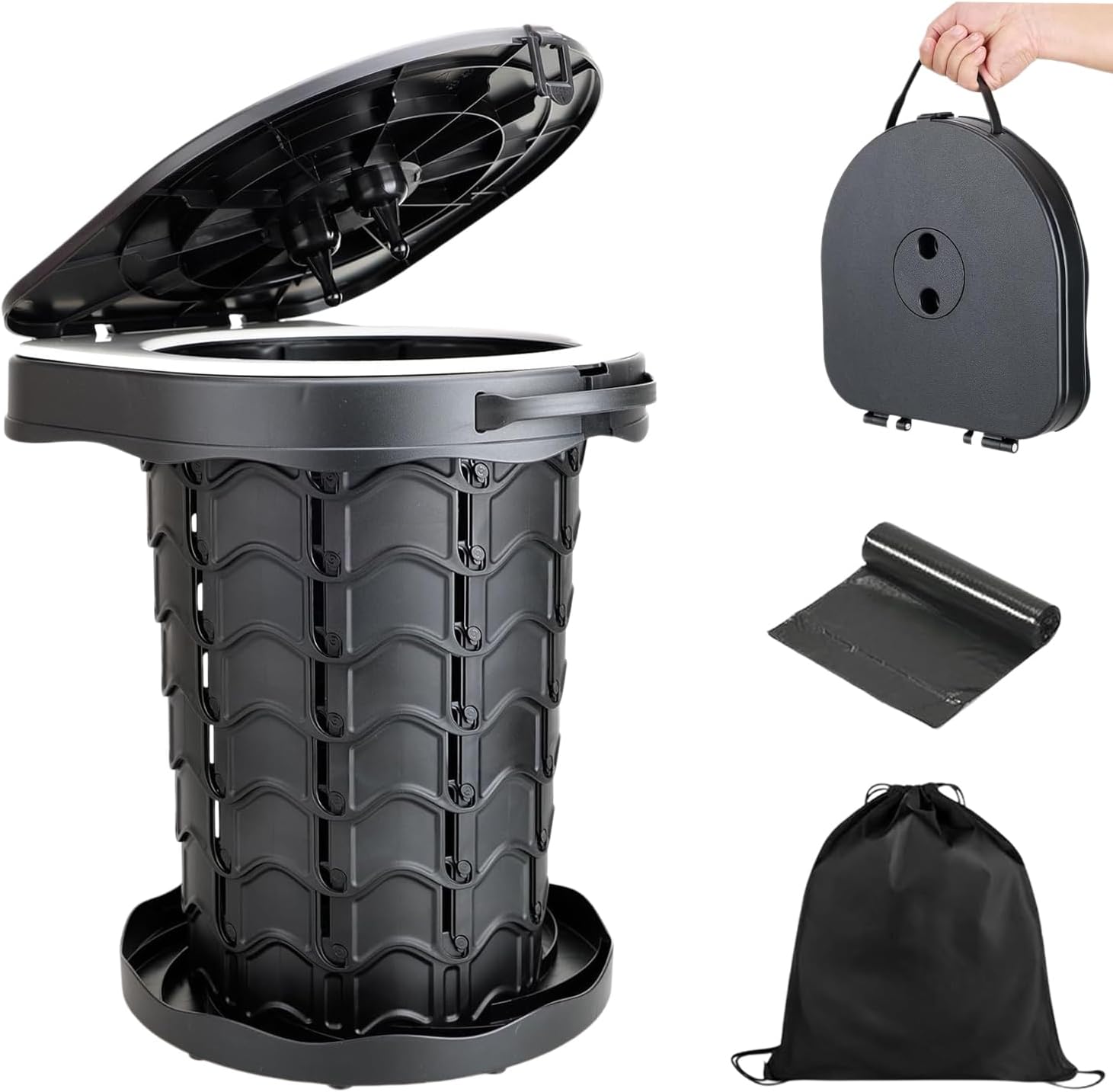 Portable Toilet for Camping, Capacity 440LBS Adjustable Height Foldable Porta Potty for Adults, Folding lightweight Luggable Loo for Outdoor Travel Camp Car, 3-18.7" Black