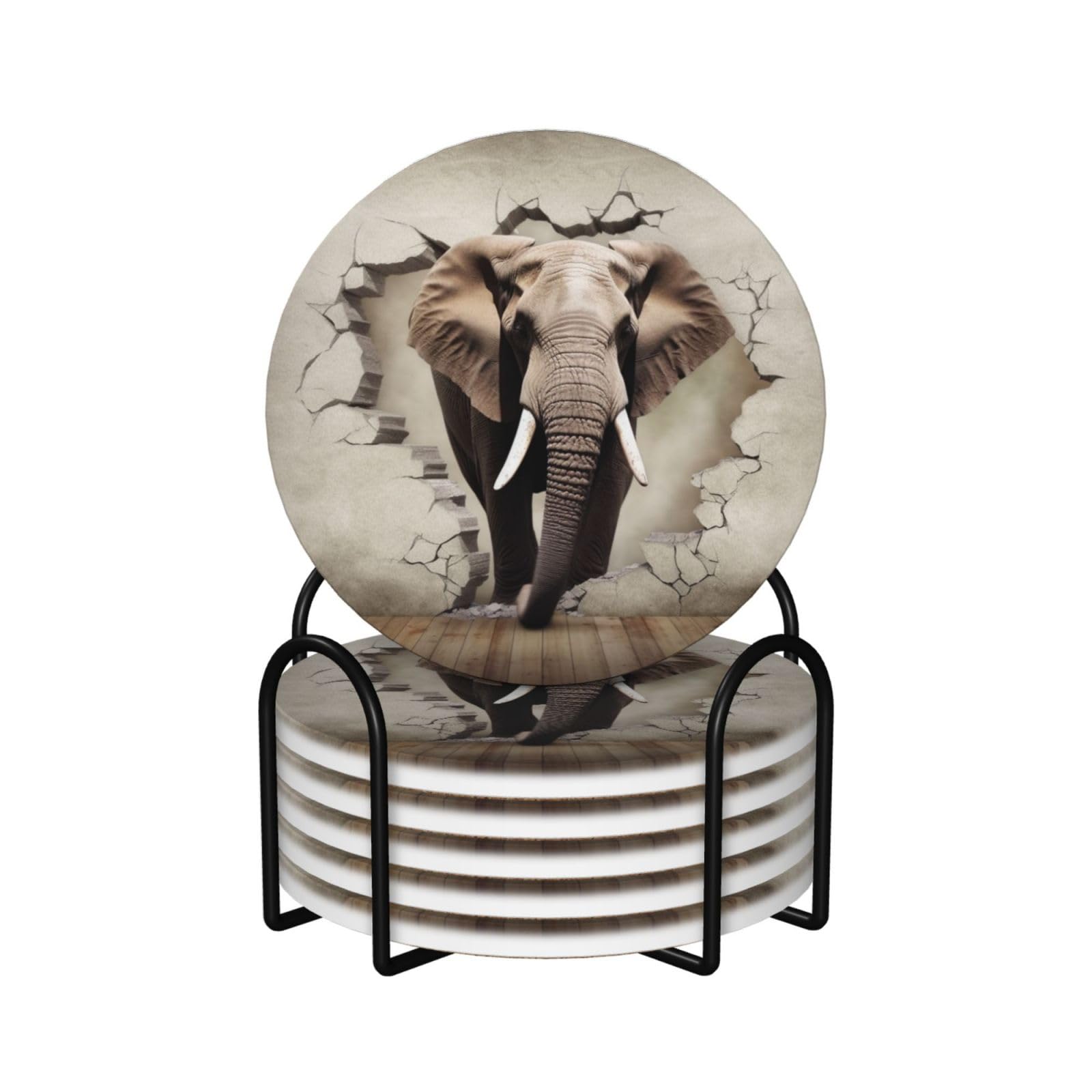 Dessous de verre éléphant en céramique absorbante avec support et fond liège - Lot de 6 pièces