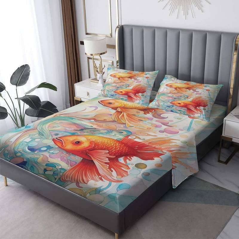 Goldfish Sheets Queen Size - Fish Bed Sheets, Soft Microfiber & Deep Pocket & Wrinkle Free Patterned Bedding Sheets & Pillowcases, 4 Piece (1 Fitted Sheet, 1 Flat Sheet, 2 Pillow Cases)