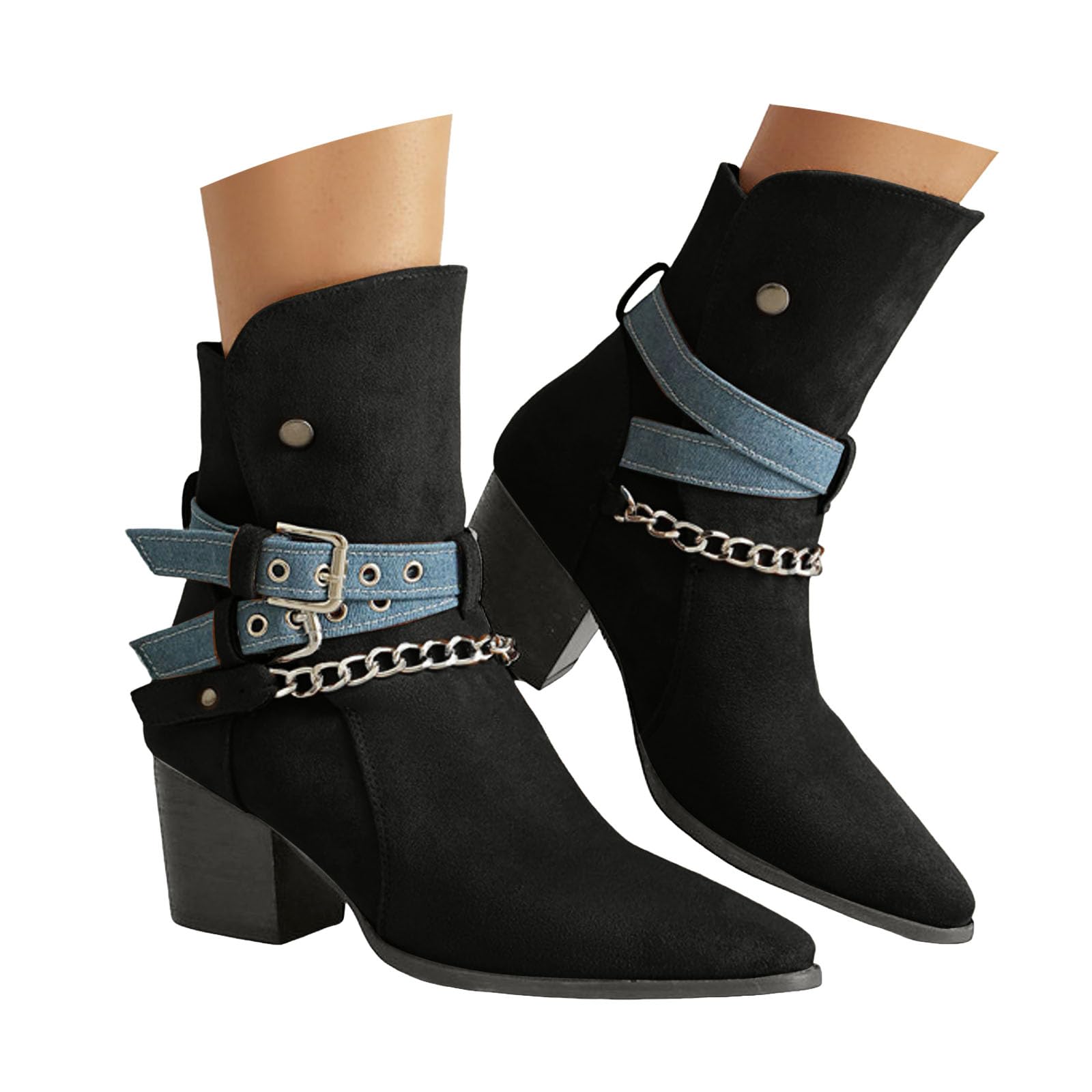 Womens Cowboy Mid Calf Boots Western Cowgirl Stitched Buckle Straps with Chain Wide Width Pointed Toe Chunky Block