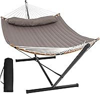 Vista 15 de SUNCREAT Hamaca portátil doble con soporte, hamaca para 2 personas con barra separadora curva, cuerdas de equilibrio incluidas, gris oscuro
