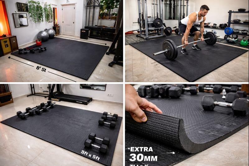 Image of IRONVOLT by Dhara FloorMax Heavy Duty Gym Flooring Mat 8x5 Ft | 30mm Thick EVA Rubber Exercise Mat for Treadmill, Powerlifting & Dumbbell Zone | Anti-Skid, Impact Resistant, Noise Control | Black
