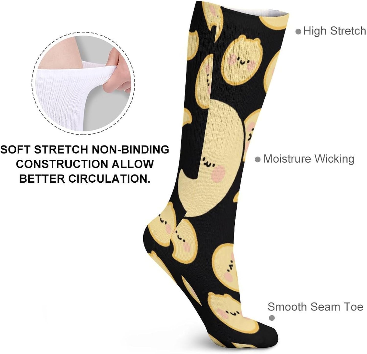 Crescent Moon Pattern Crew Socks High Stocking Thermal Socks | Tube Socks-Breathable-Moisture-Soft-wicking for Hospital Pilates Yoga for women men Grippy for office and daily walking