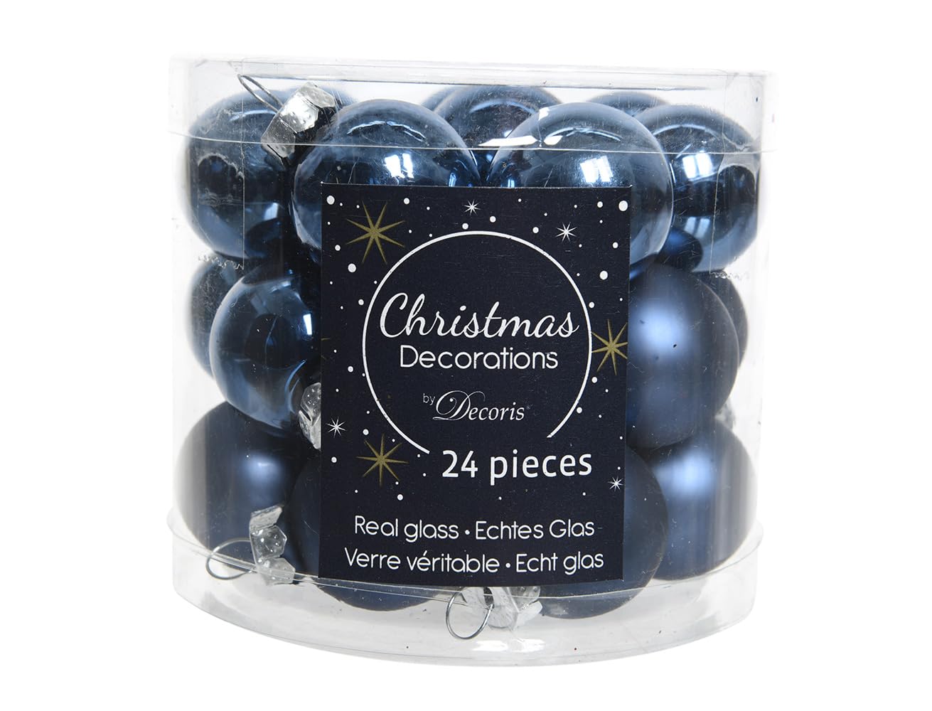 24 Blue Glass Christmas Baubles in Night