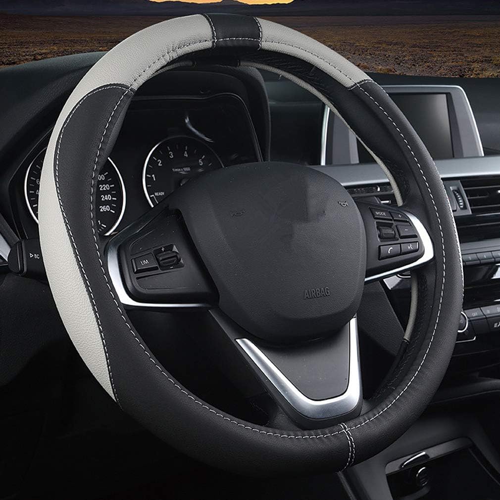 Car Steering Wheel Cover Microfiber Leather, Breathable, Anti-Slip, Odorless, Universal 15 Inches for Women Men (Black and Gray)