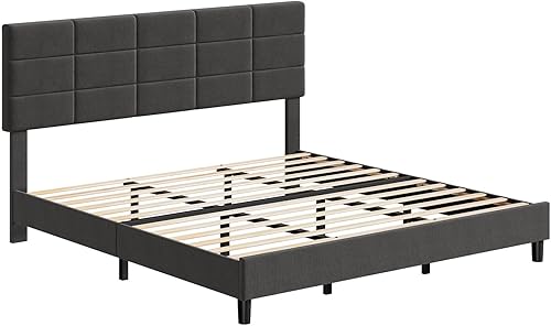 Miniatura 8 de GAOMON Base de cama tamaño King con cabecera ajustable, base de cama tapizada de lino con soporte de listones de madera, marco de metal resistente,