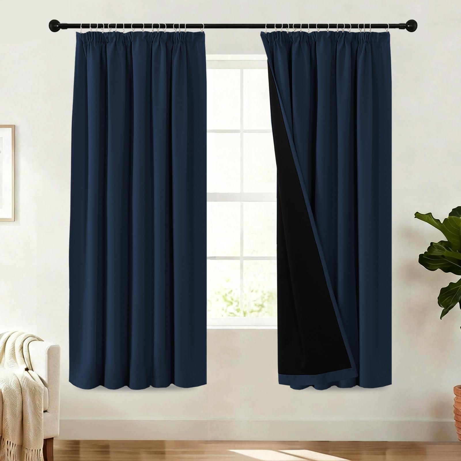 BellaHills 100% Blackout Curtains for Bedroom Thermal Insulated Curtains & Drapes for Living Room Black out Window Curtain with Hooks Pencil Pleat Back Tab Rod Pocket 2 Panels, W66 X L72, Navy โ image 1