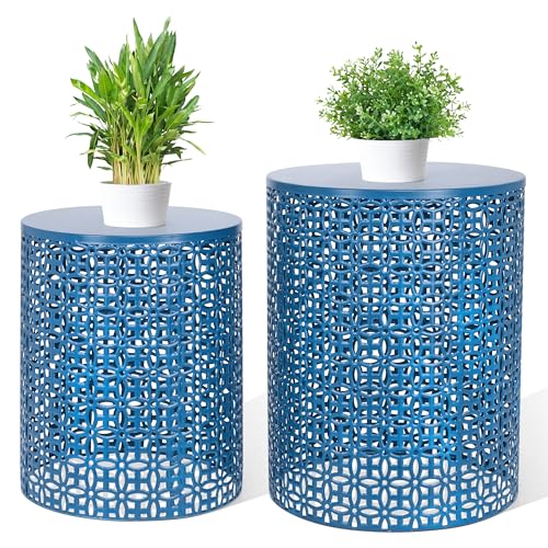 HPC Decor Heavy Duty Metal Outdoor Side Tables Set of 2 - Dark Blue Modern Patio Furniture for Garden, Porch, Deck - Indoor/Outdoor Decorative Stools with Rustic Farmhouse Decor