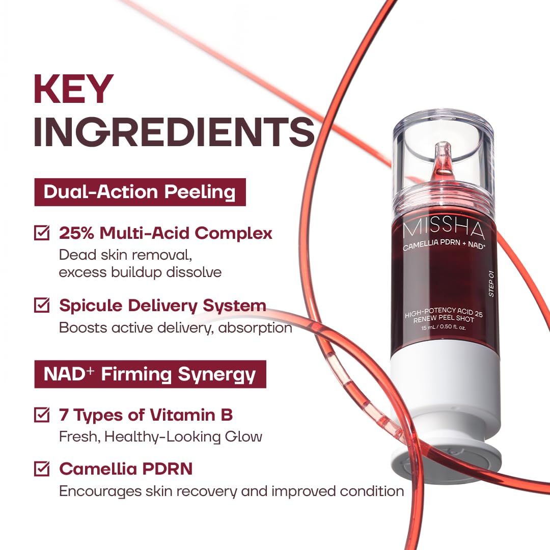 MISSHA PDRN NAD+ Renew Peel Shot 25, Korean Face Peel, 0.50 fl oz