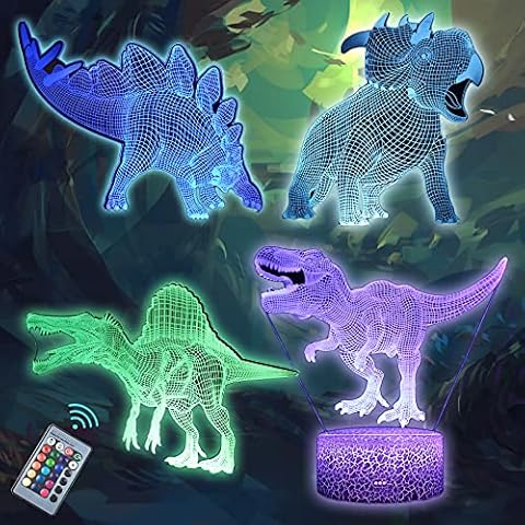 MARZIUS Jurassic Dinosaur 3D Illusion LED Desk Lamp Night Light with 4x Acrylic Flats & Luminous Base,16 Colors,Remote Control,Room Decor Gifts for Girls, Men, Women, Kids, Boys, Teens (Pack2) Cover