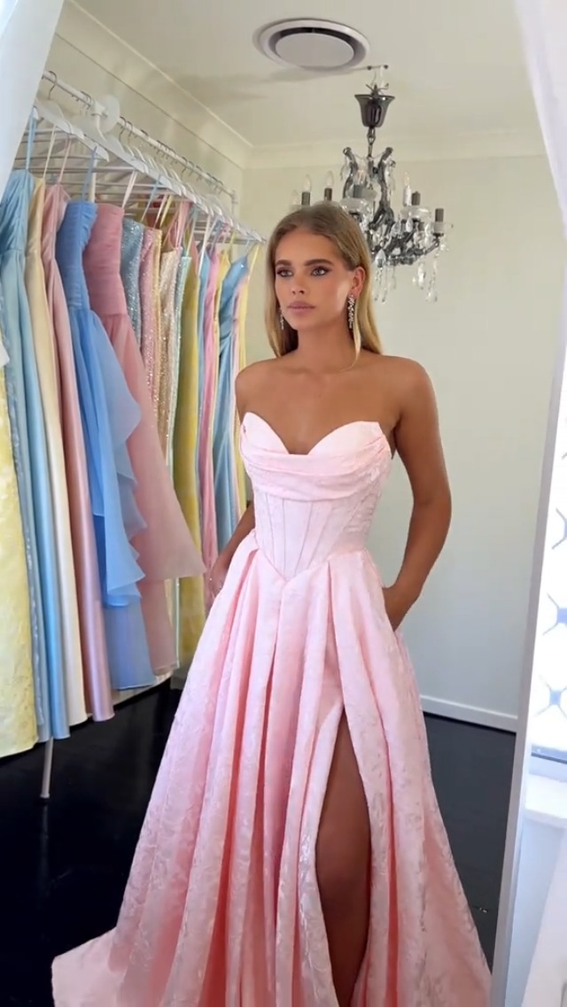 Embossed Satin Prom Dress with Pockets Strapless Corset Formal Wedding Dresses Aline Slit Evening Party Gown 2026 Size0 Black : Clothing, Shoes & Jewelry