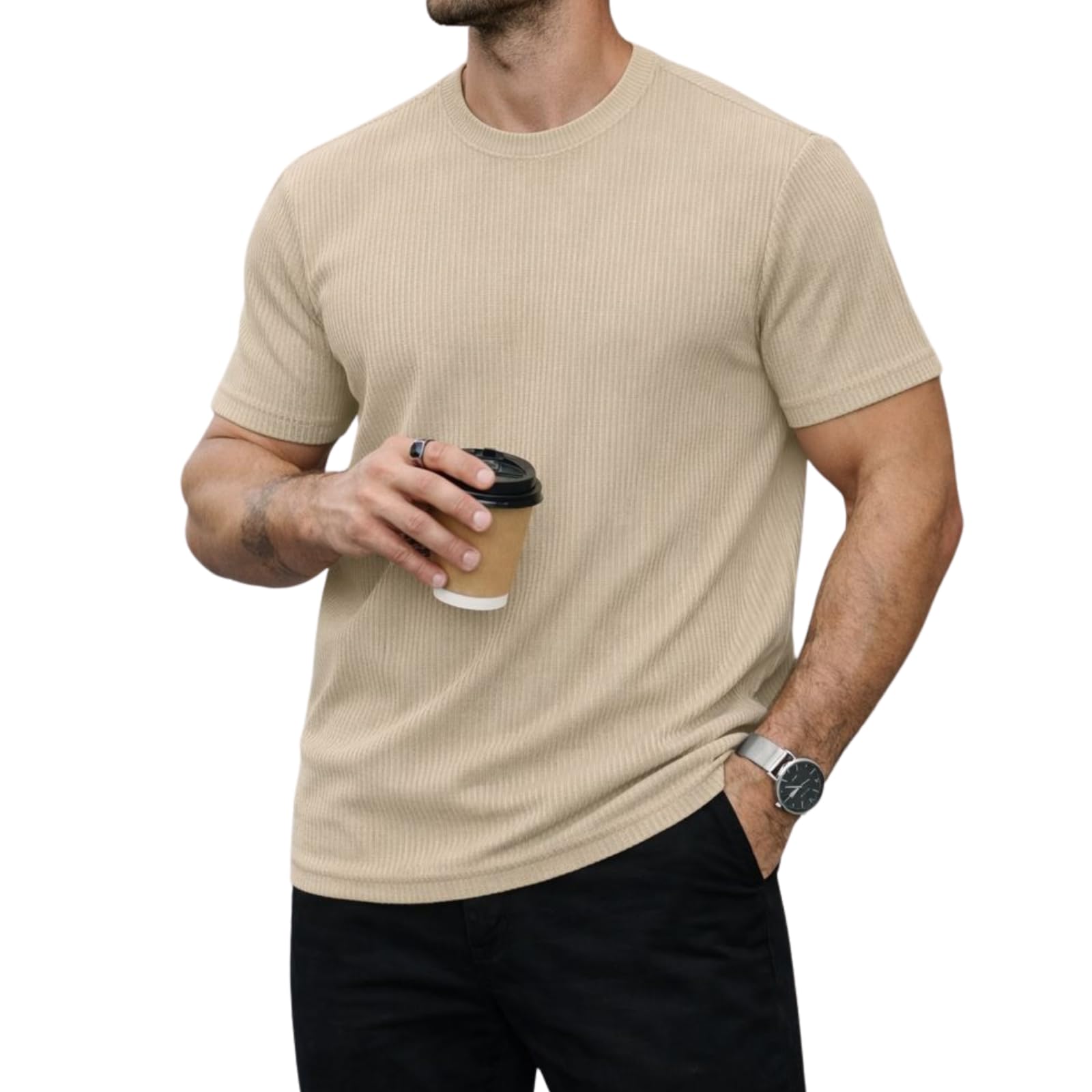 Men’s Striped Ribbed Black Half Sleeve T-Shirt | Premium Soft Stretch Fabric | Casual Wear Round Neck Tee-M6482-picture-41