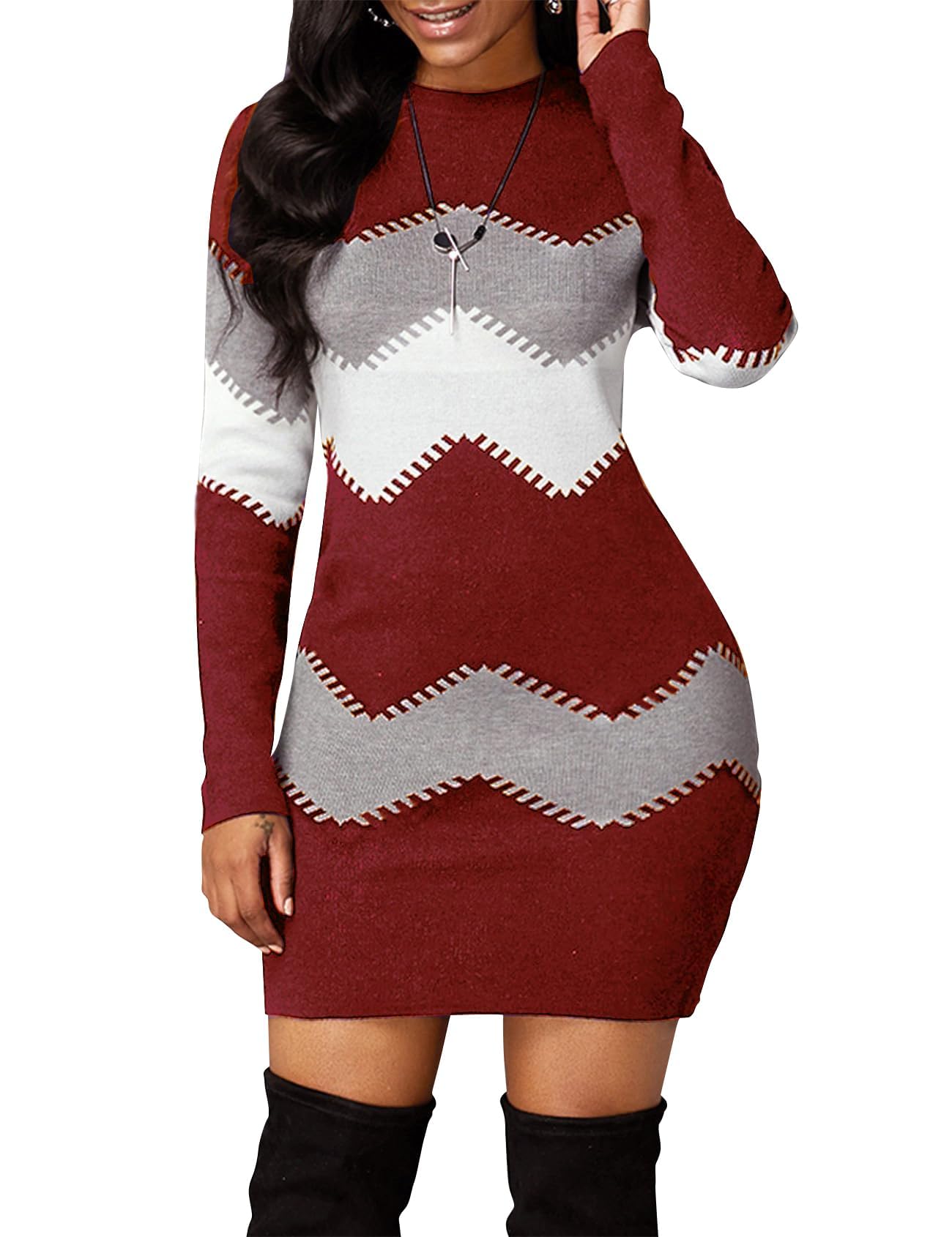 PEHMEA Womens Knitted Striped Bodycon Mini Sweater Dress Long Sleeve Crew Neck Fall Winter