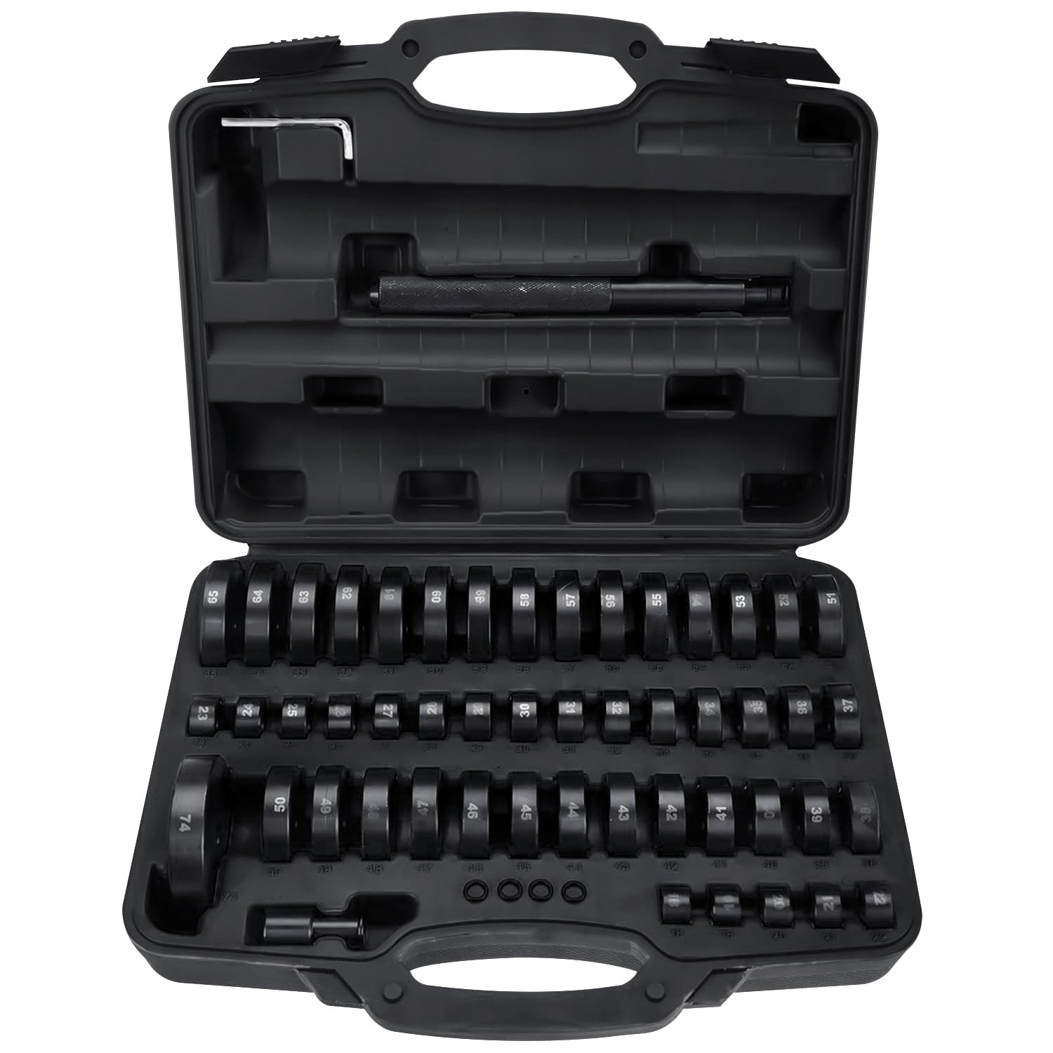 FreeTec Juego de 52 arandelas de montaje de rodamientos de rueda, arandelas de sellado radial, casquillos, bujes, extractor de goma, herramienta de presión, juego de empuje, 18 – 65 mm (negro)