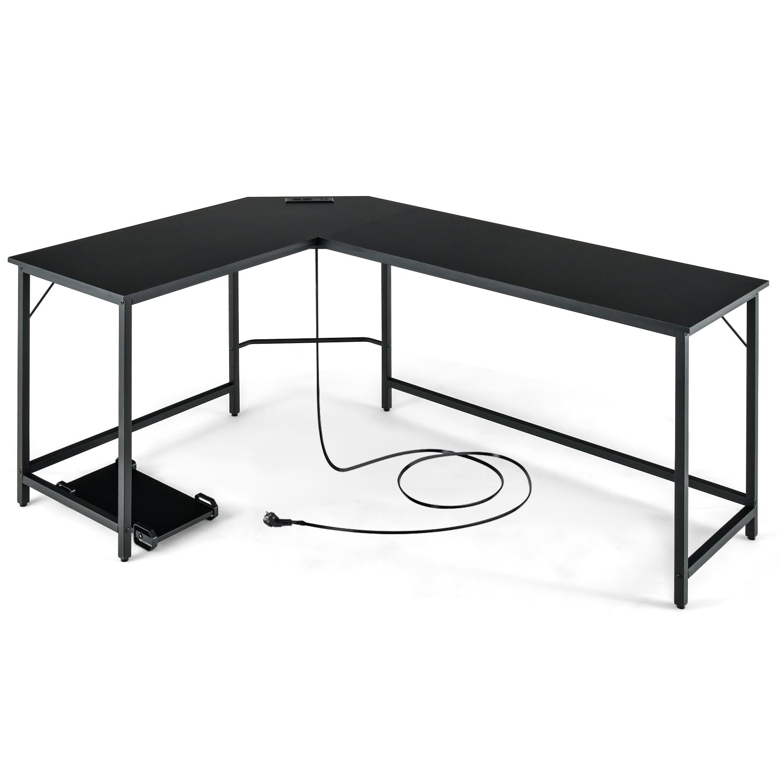 LIFEZEAL Scrivania Ufficio a Forma di L con Multipresa, Stazione di Ricarica, Scrivania Angolare, Porta 2-3 Computer, CPU, Postazione di Lavoro, Telaio in Metallo, Max 150kg, 168x125x74,5cm, Nero