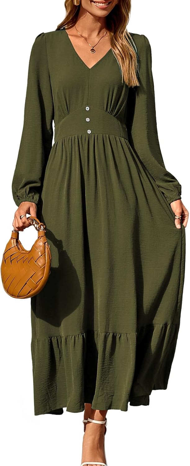 Dokotoo Womens Dresses Fashion 2025 Long Sleeve V Neck Maxi Dresses Elegant Casual Flowy Tiered Boho Beach Vacation Outifits